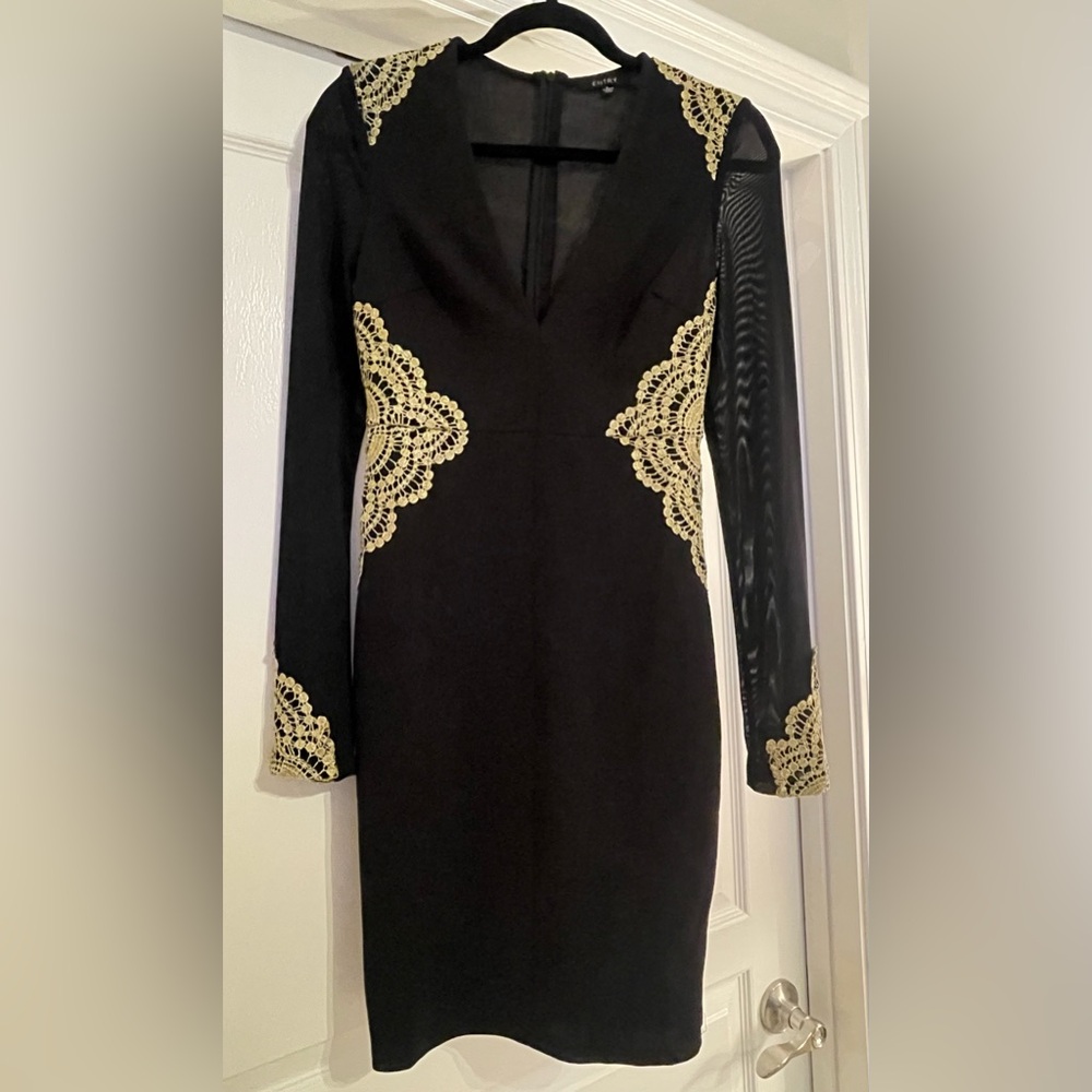 EUC - Entry Elegant Black and Gold Mini Pencil Dress, V-Neck, Small